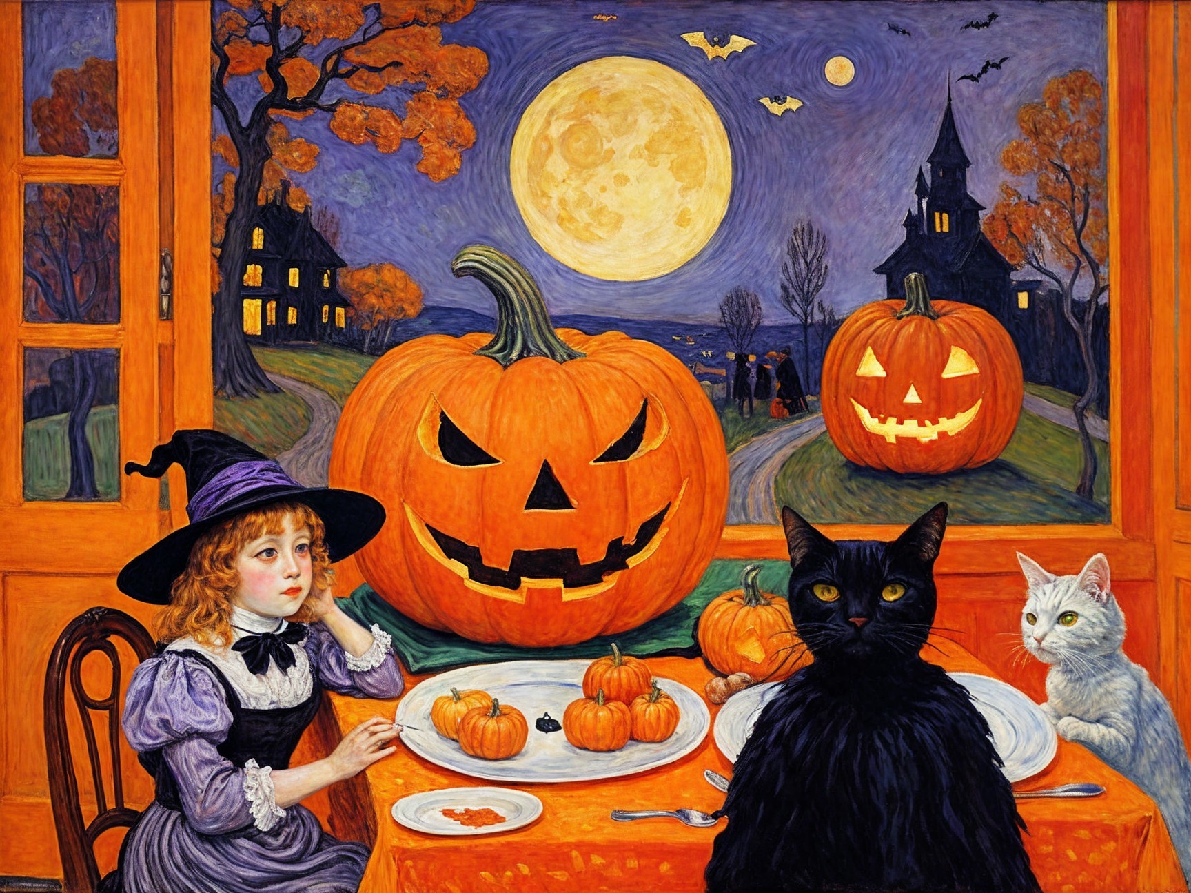 Whimsical Halloween Scene with Cats and Pumpkins