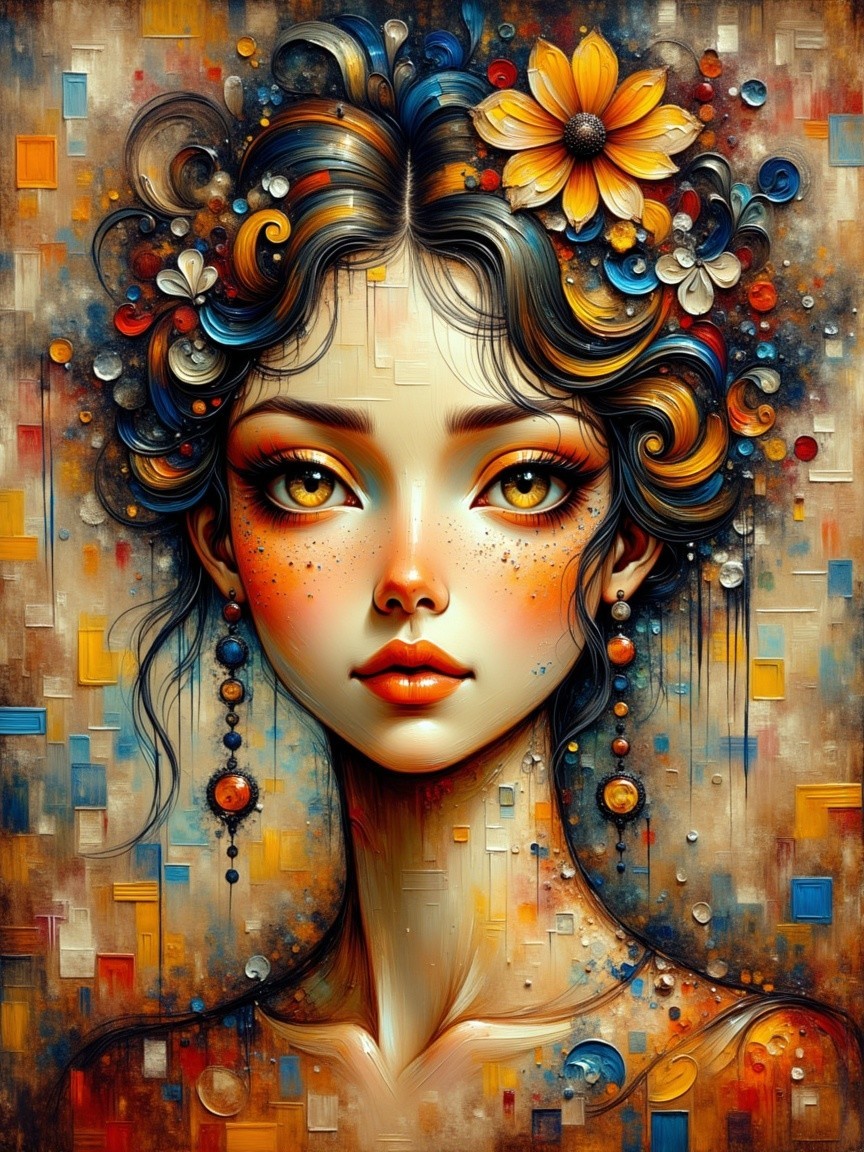 Portrait of a Young Woman with Curls and Flowers
