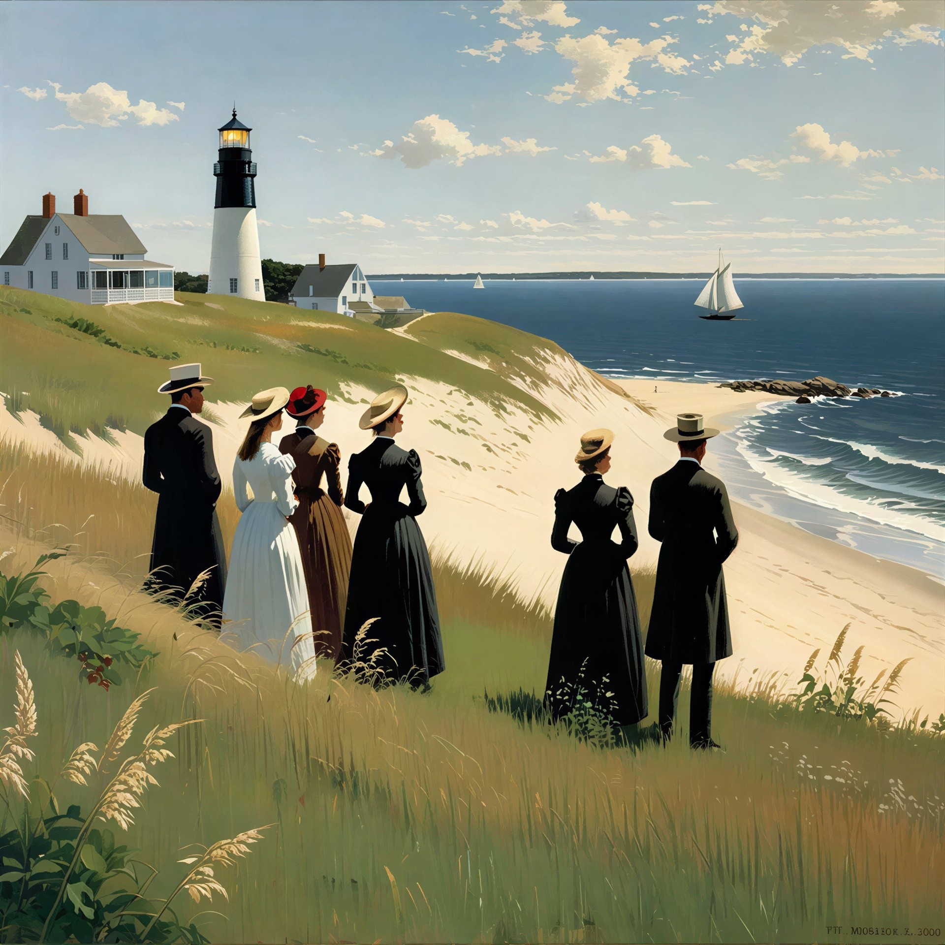 Victorian Families on Dune Overlooking Beach and Ocean