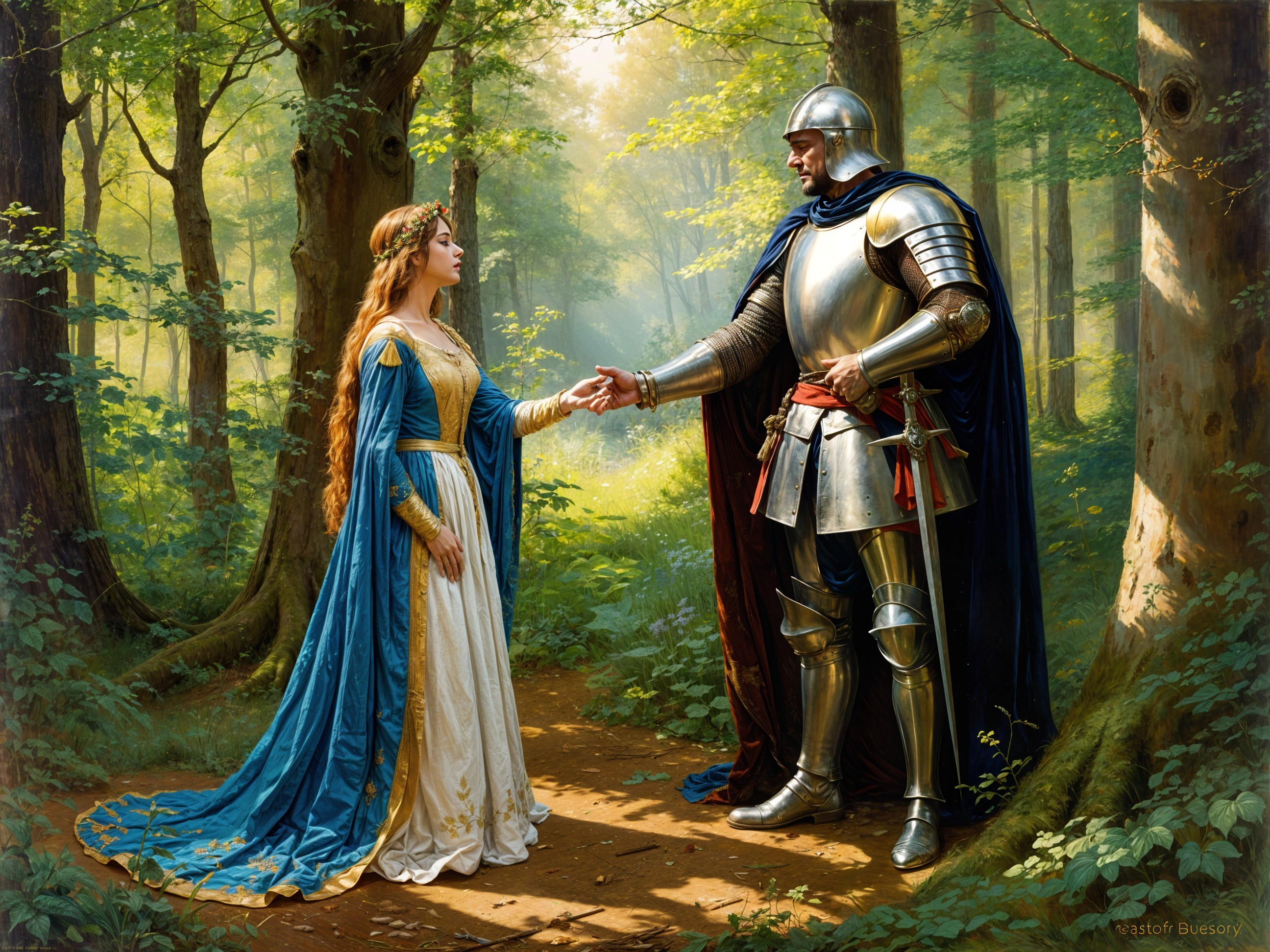 Knight and Princess in a Sunlit Forest Scene