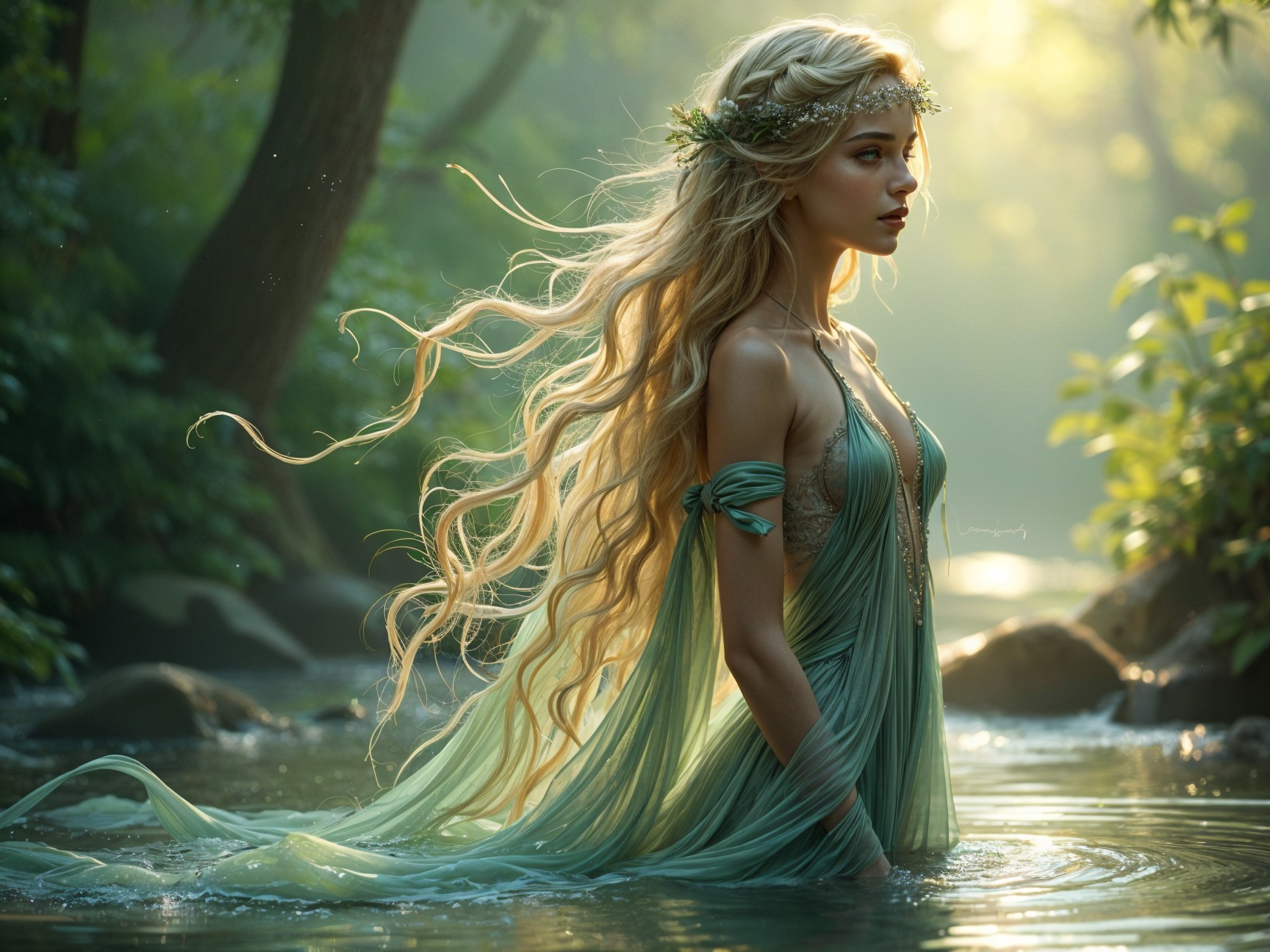 Serene Young Woman in Misty Forest Stream Scene
