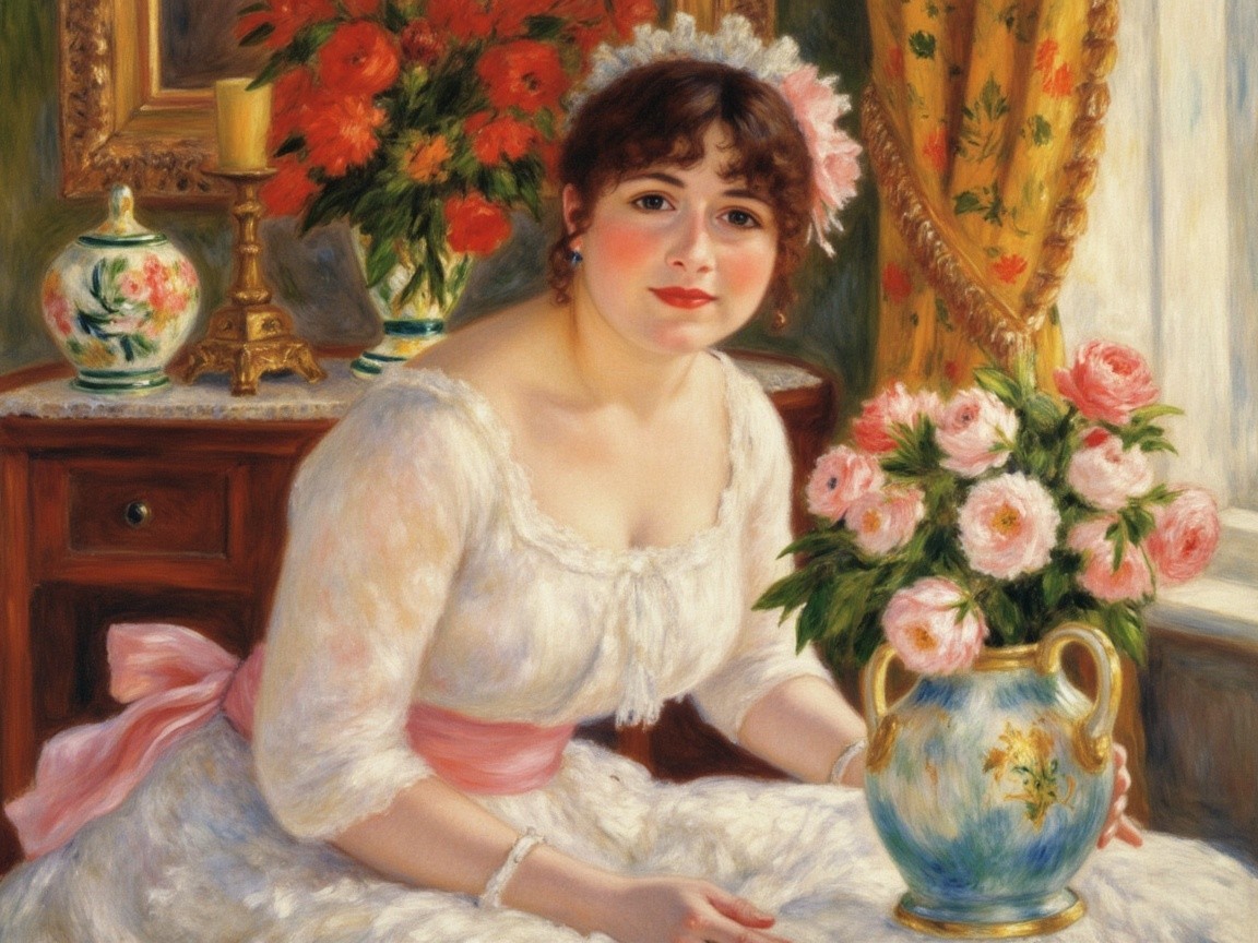 Young woman in white dress among vibrant flowers