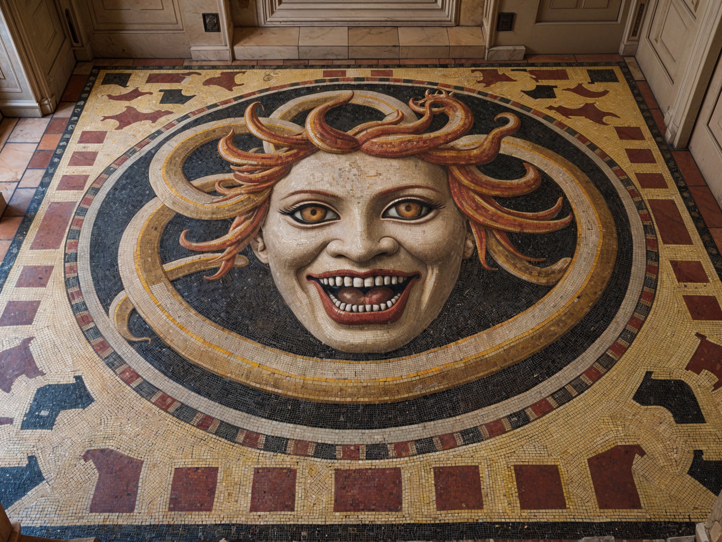 Vibrant Mosaic Floor Design Featuring Medusa Face