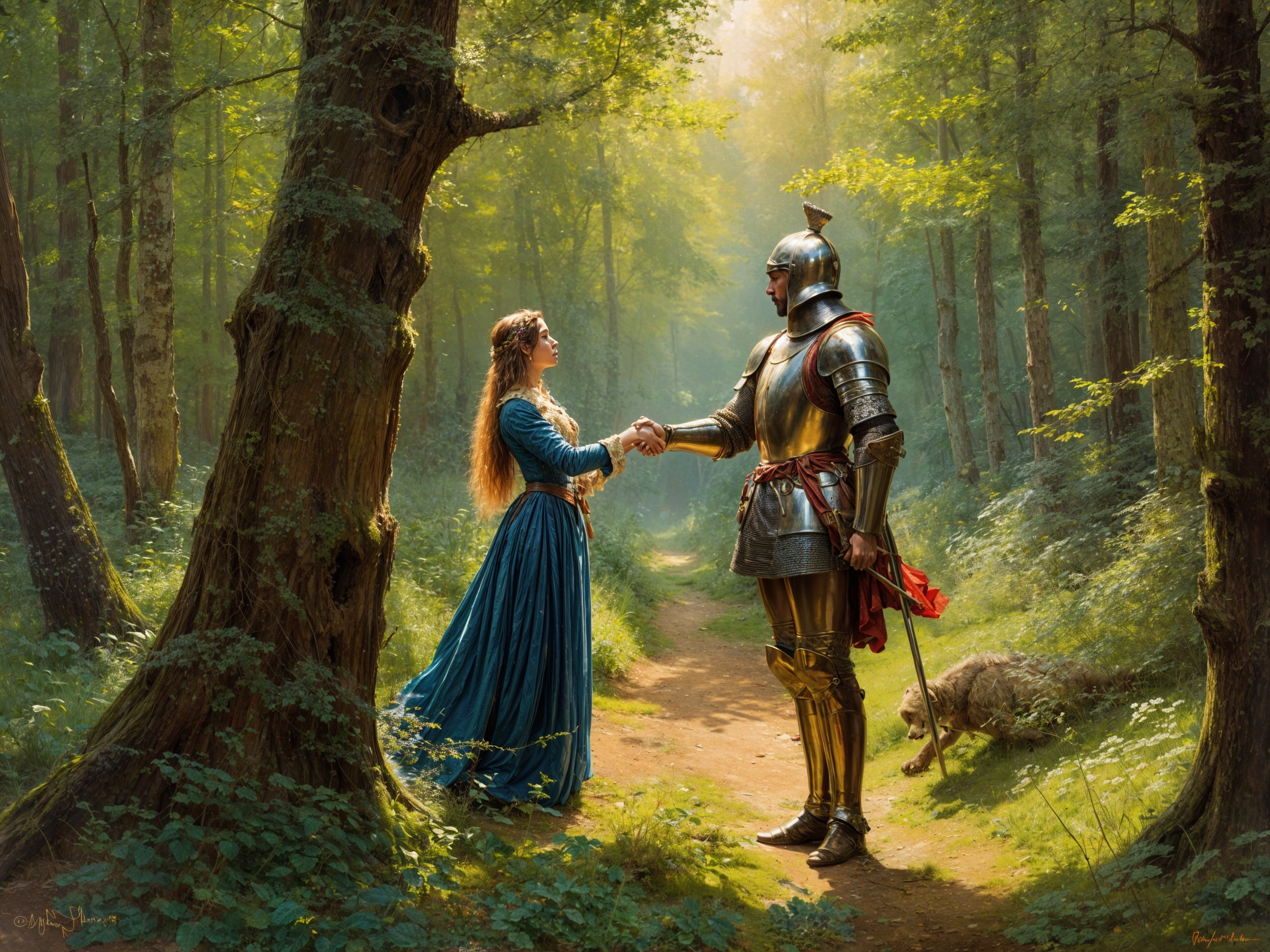 Knight and Woman in Enchanted Forest Setting