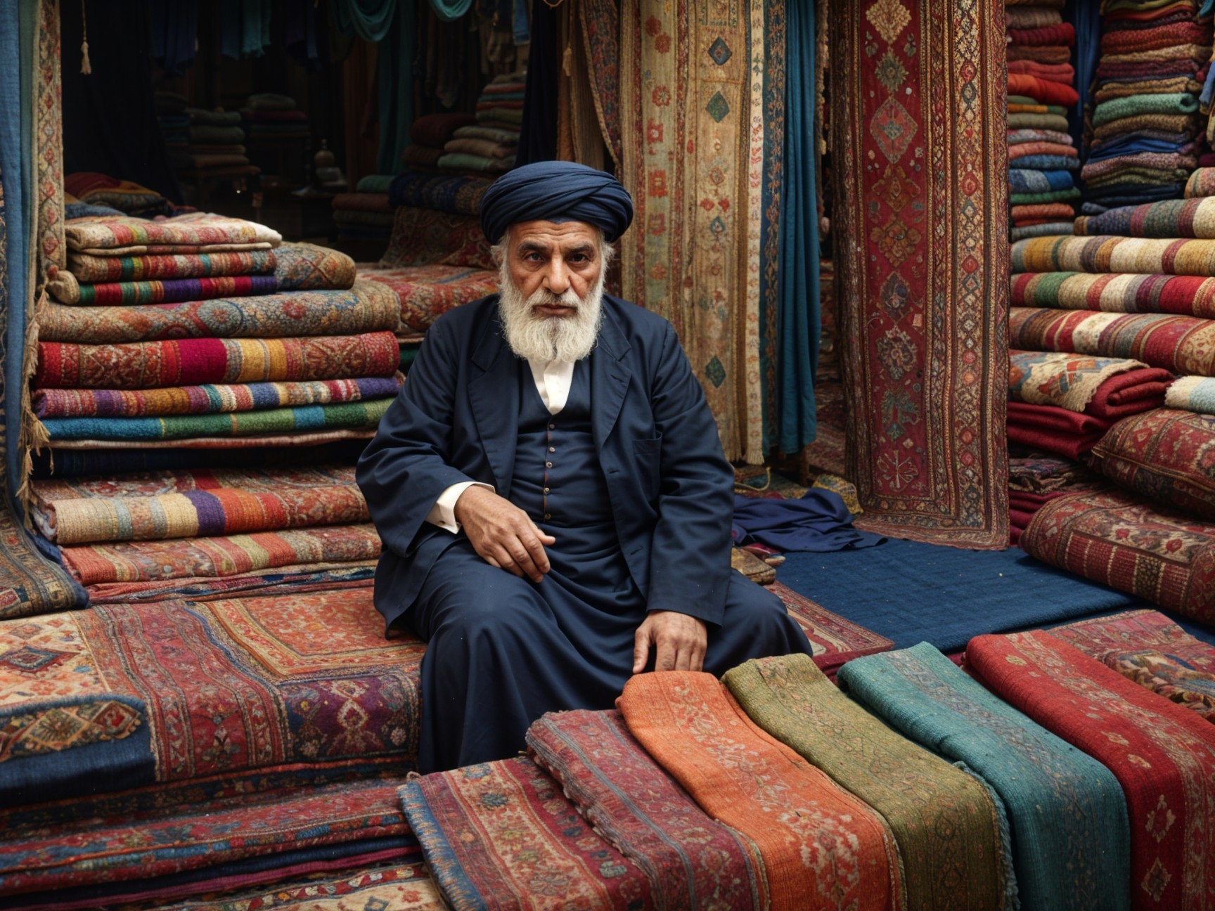 Elderly Man Surrounded by Colorful Carpets in Market