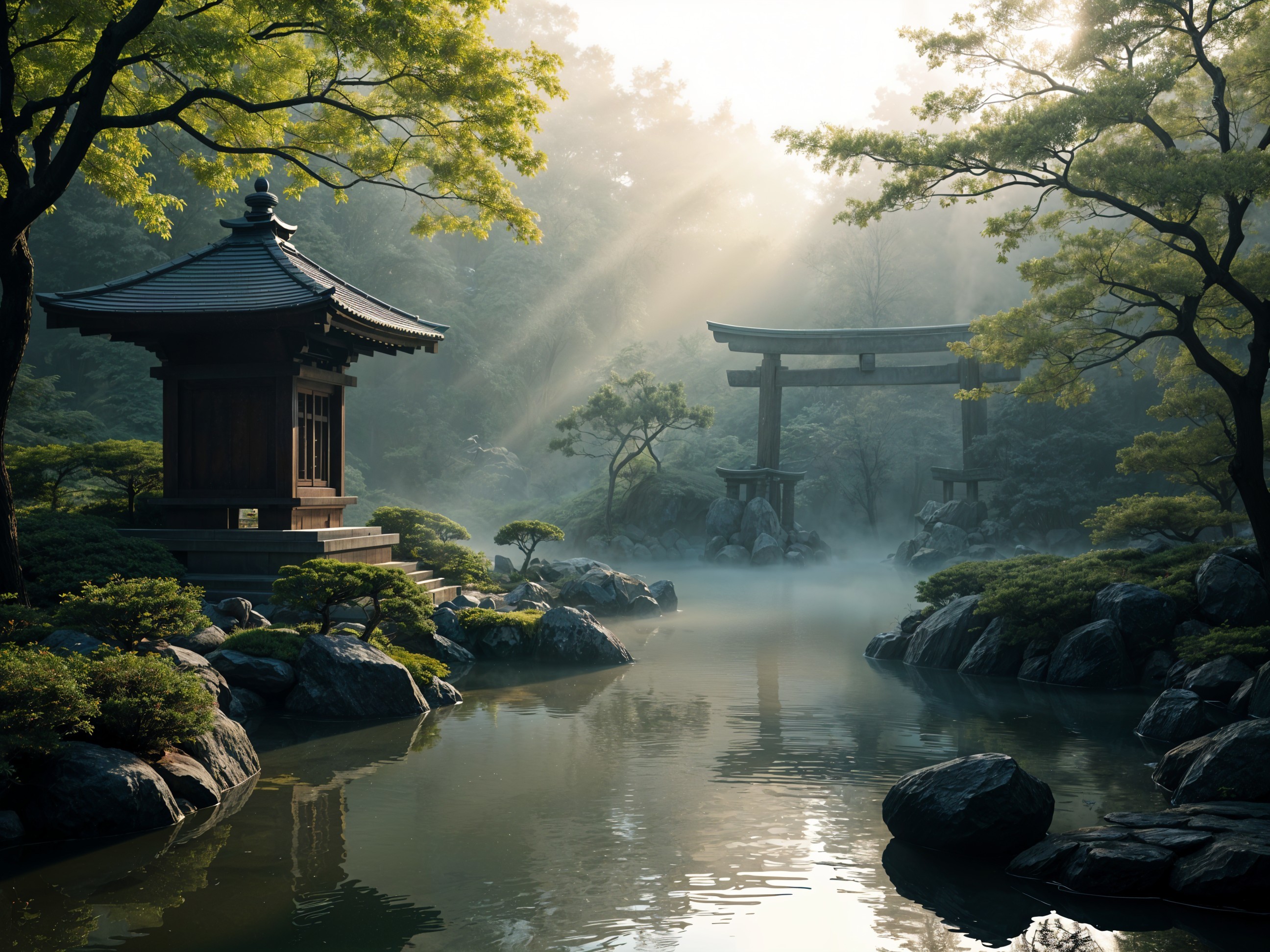 Tranquil Pond and Japanese Temple in Lush Landscape