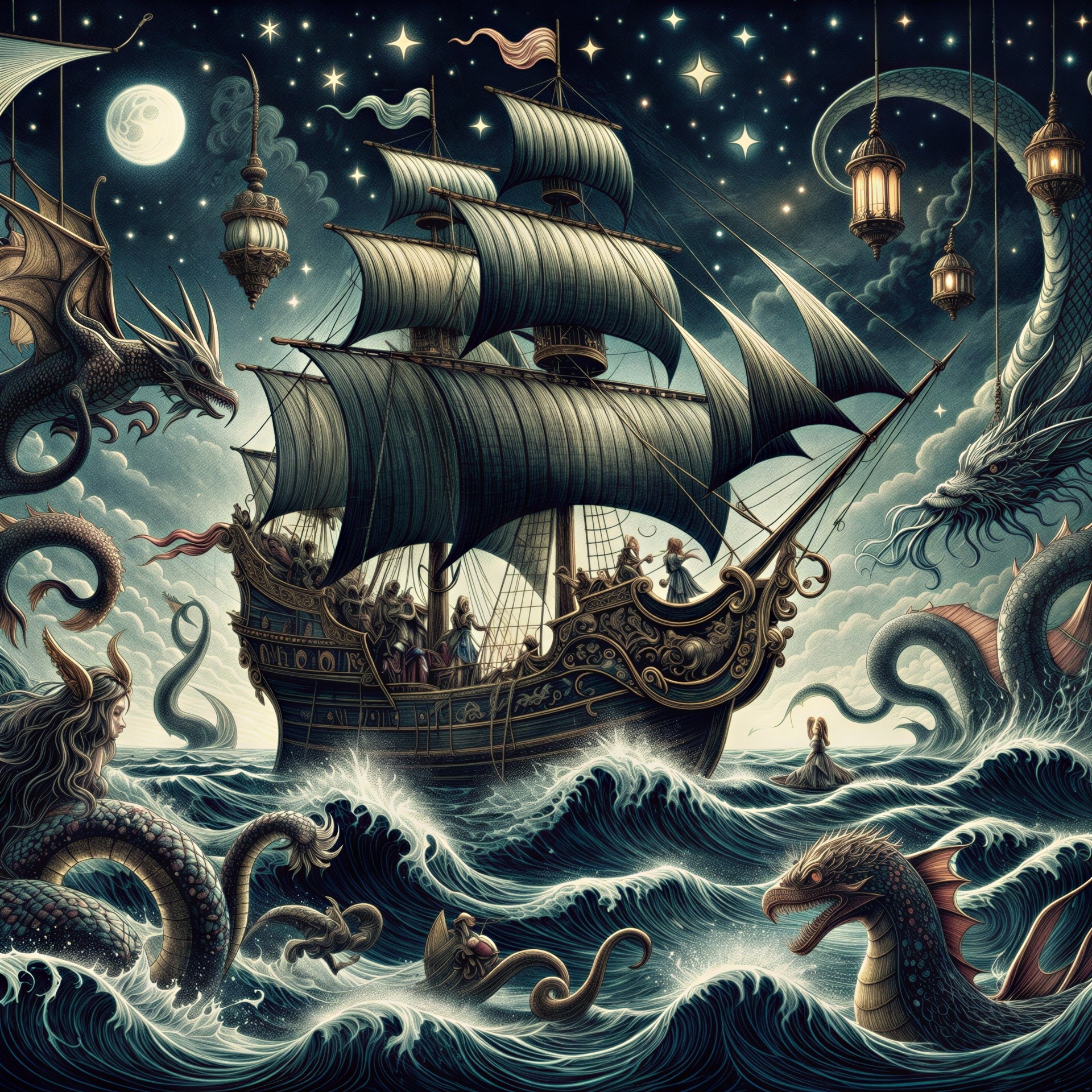 Mystical Night Scene with Ship and Sea Creatures