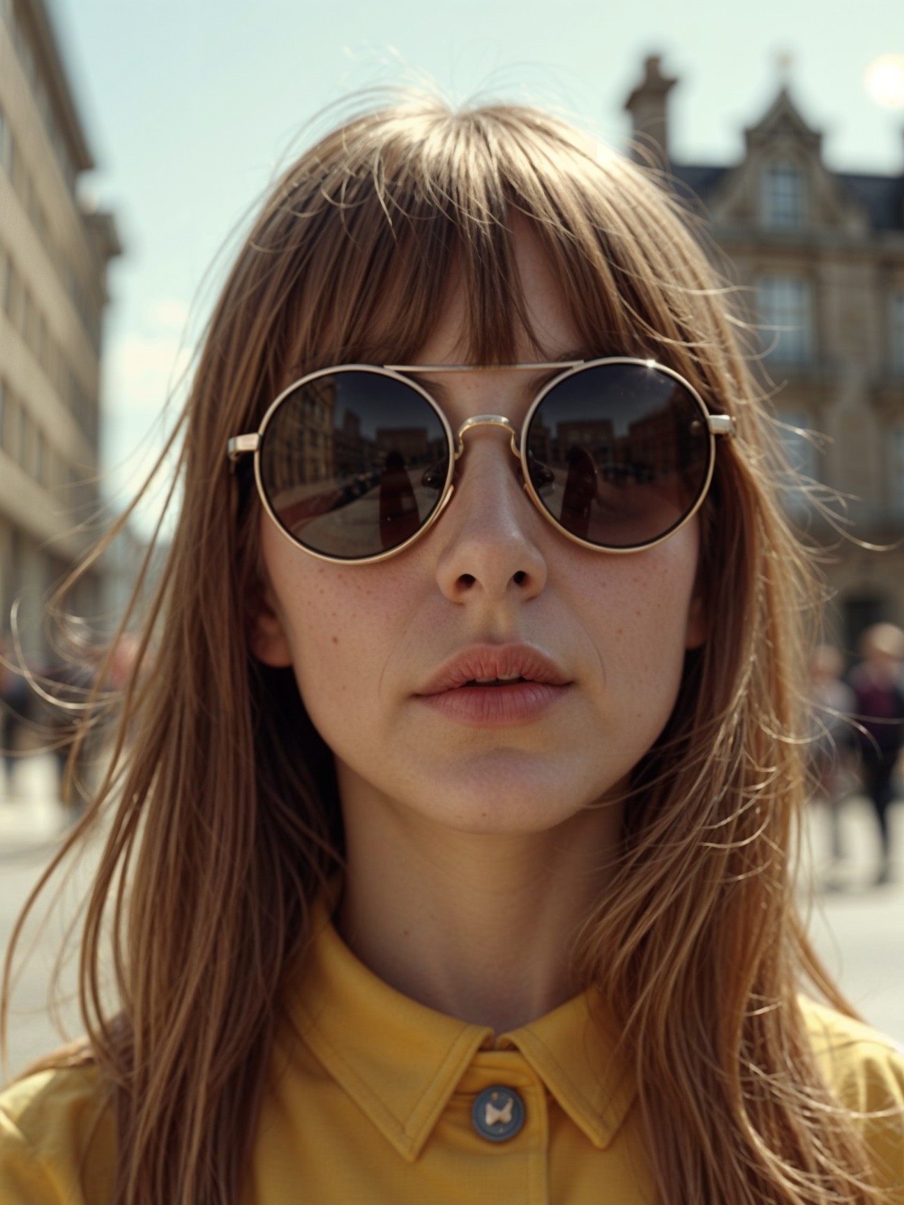 Young woman in yellow shirt with urban backdrop