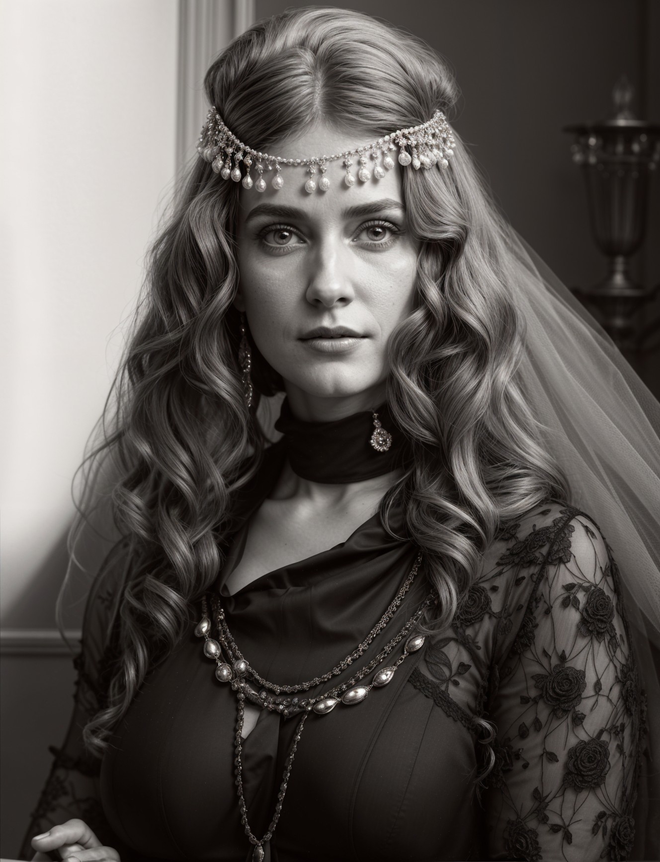 Woman in vintage gown with pearl headpiece and veil