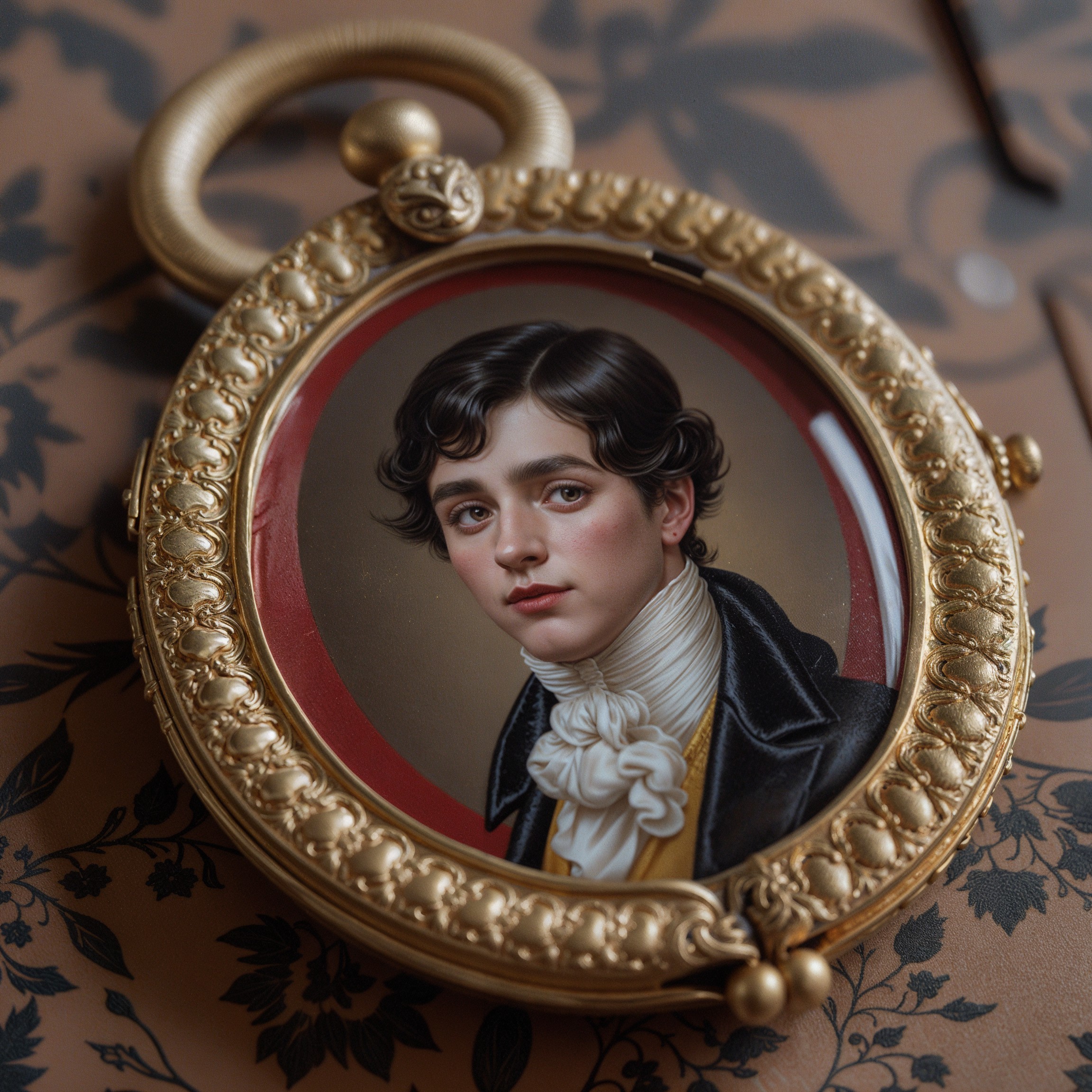 Ornate Gold Pocket Watch with Young Man's Portrait