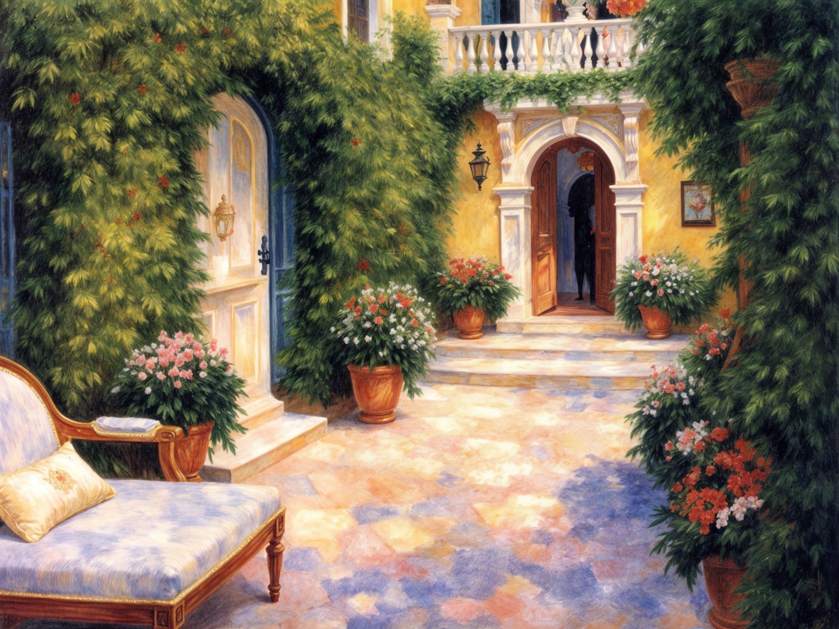 Charming Courtyard with Yellow Walls and Greenery