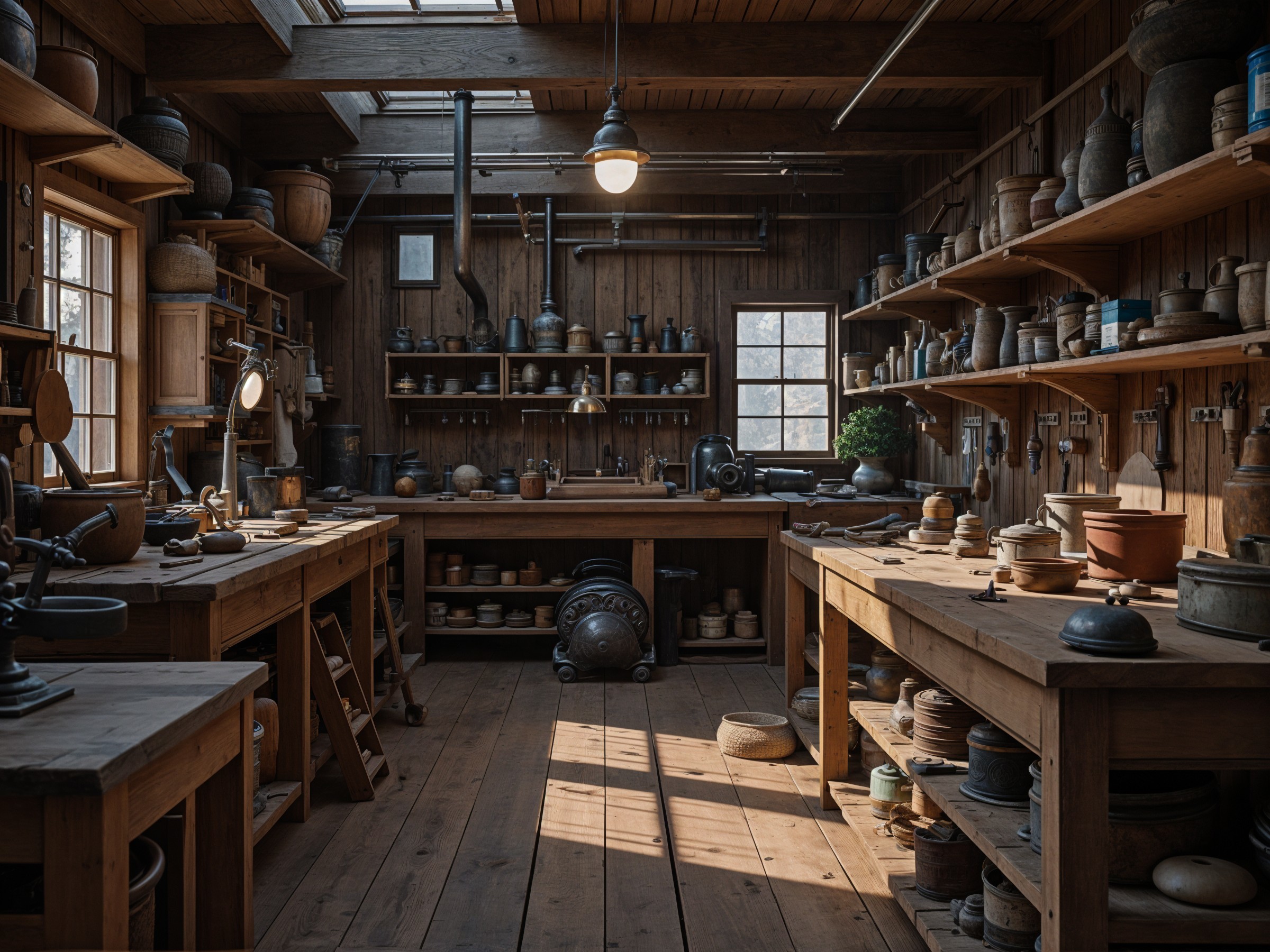 Rustic Workshop with Handmade Pottery and Tools