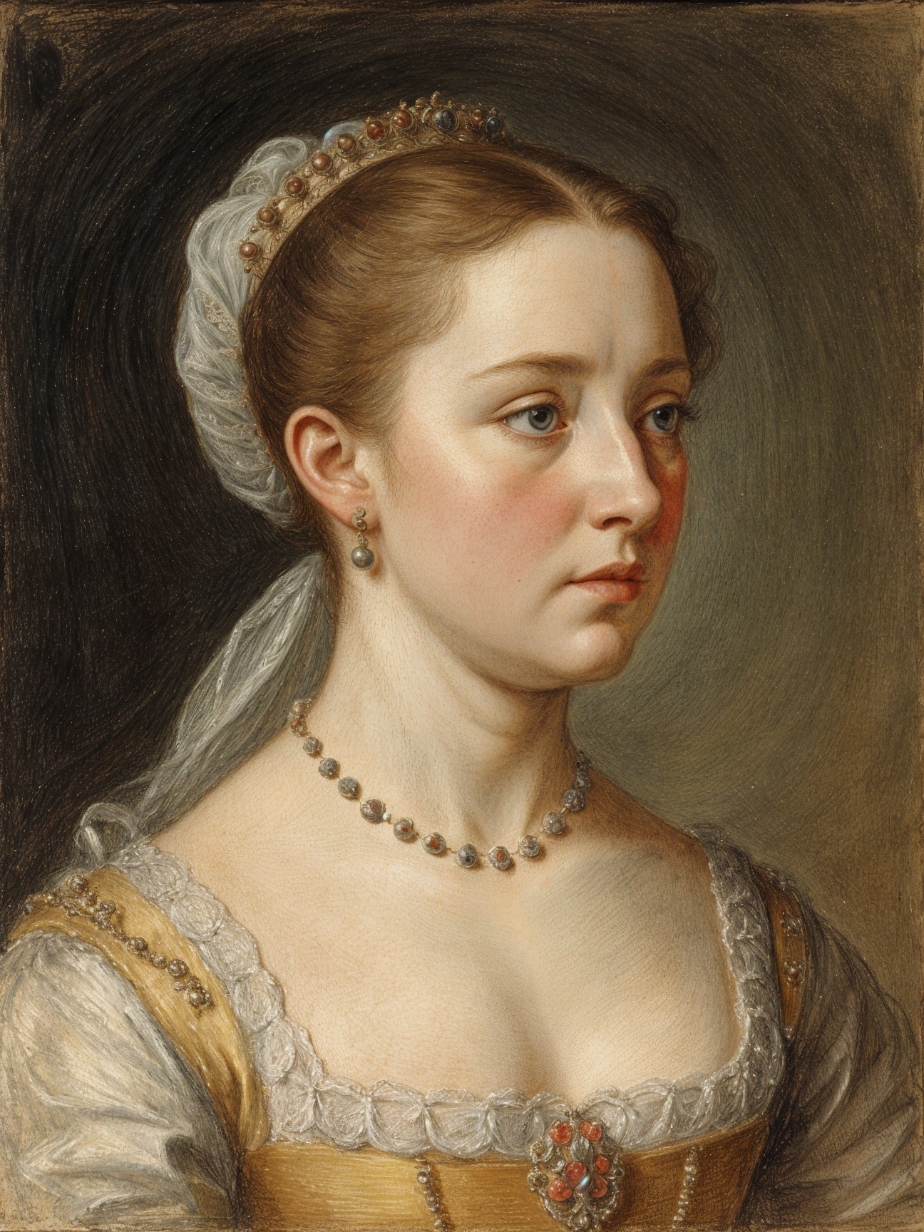 Young Woman in Historical Dress with Elegant Accessories