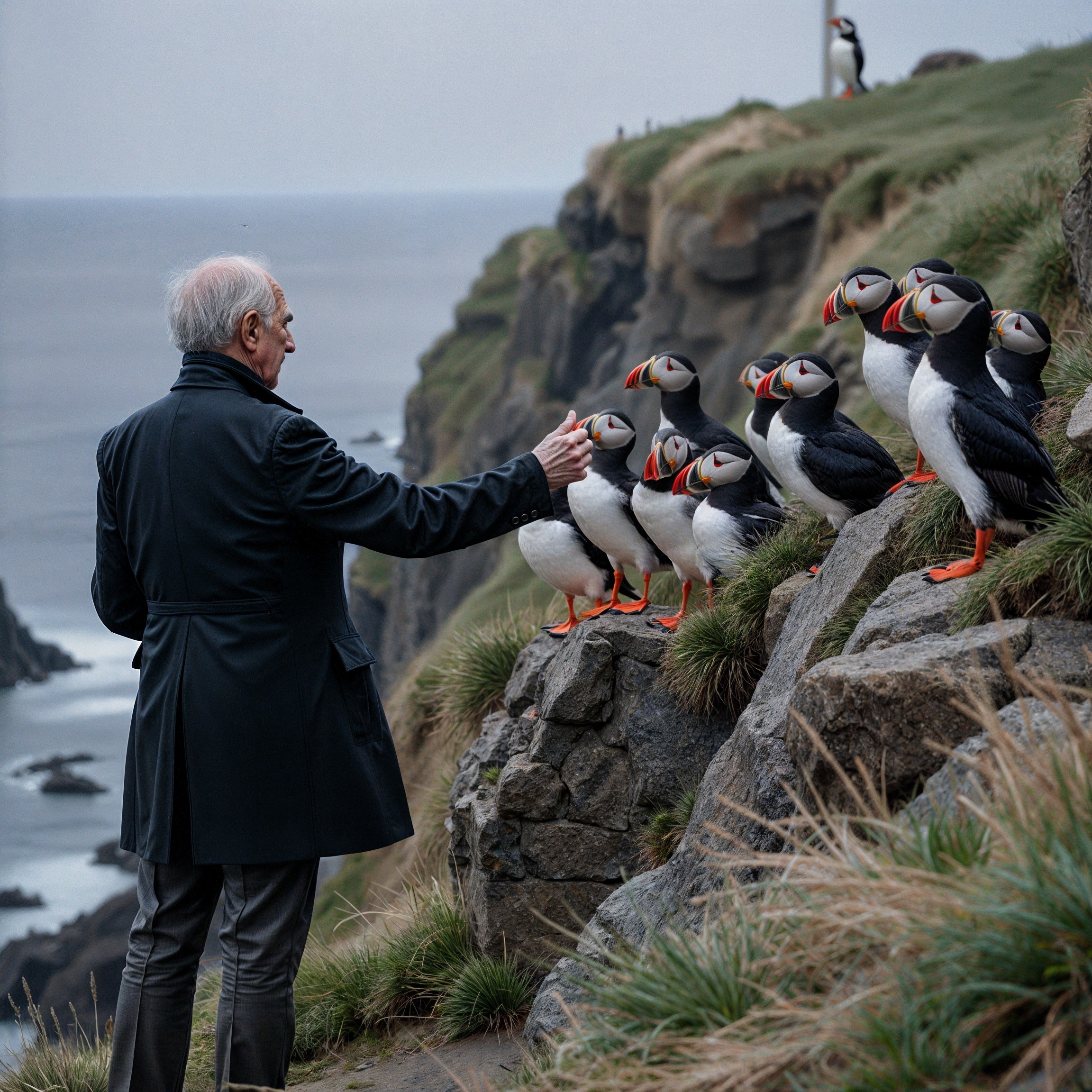 Man in Dark Coat Interacts with Puffins on Cliff Edge