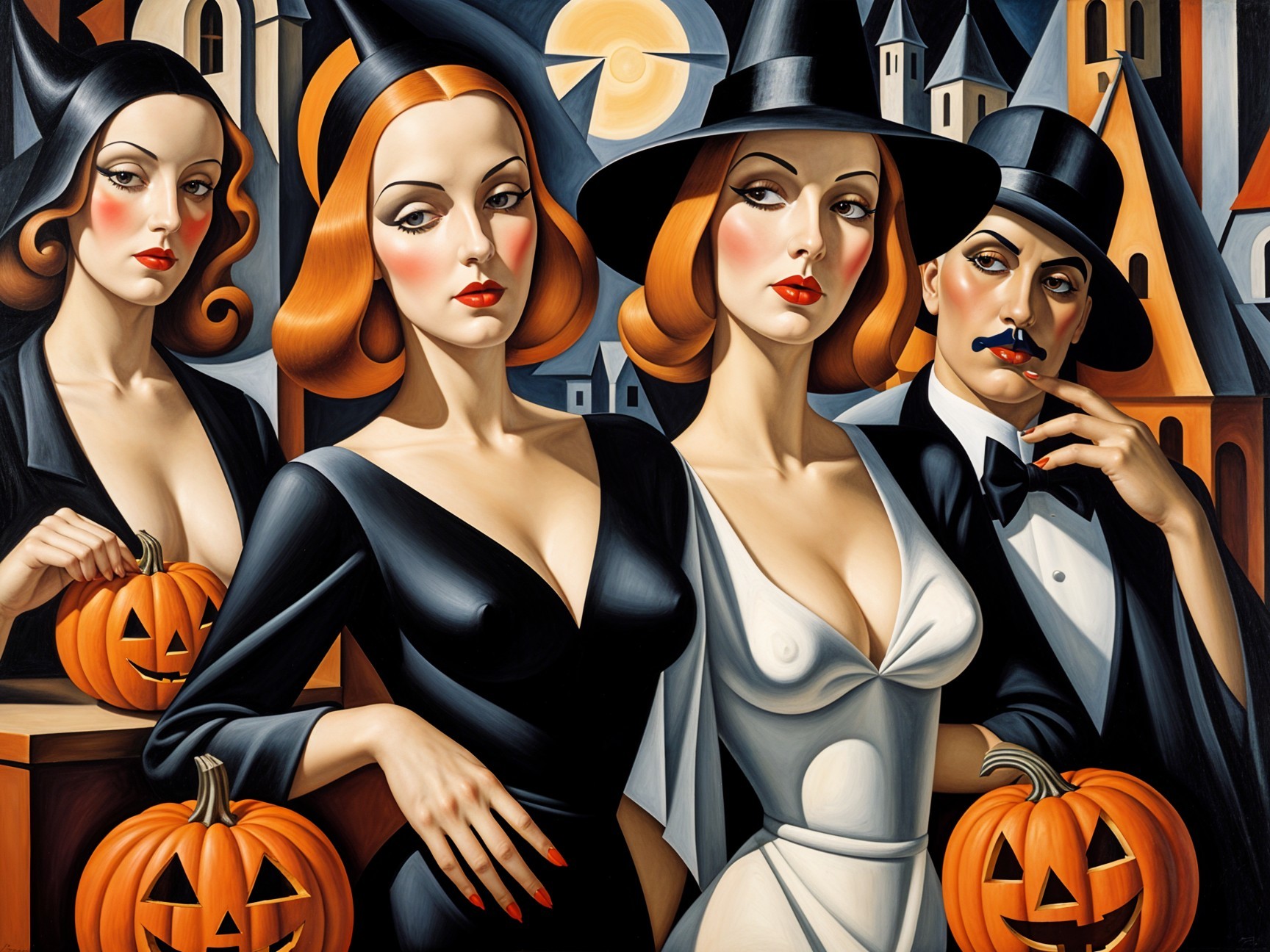 Glamorous Vintage Halloween Scene with Stylish Figures