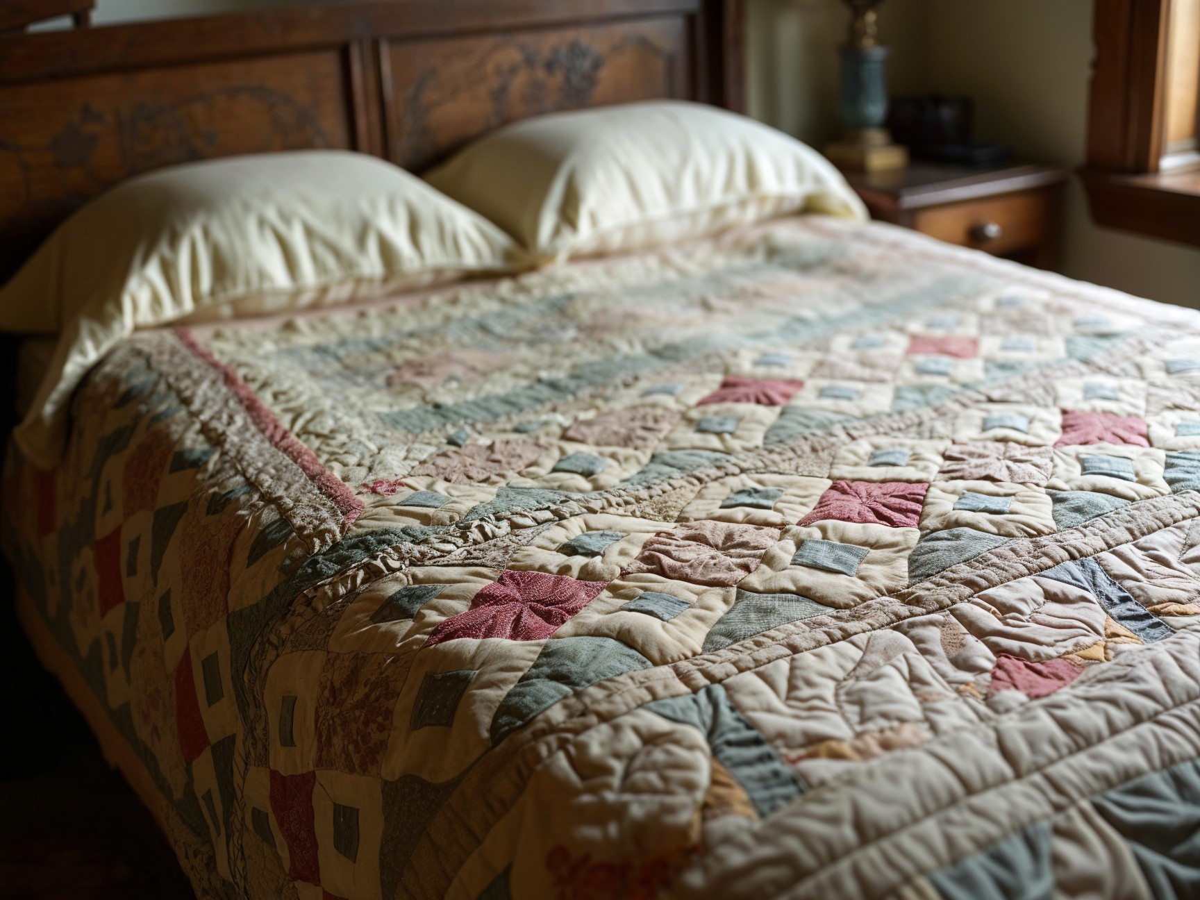 Cozy Bedroom with Colorful Quilt and Warm Decor