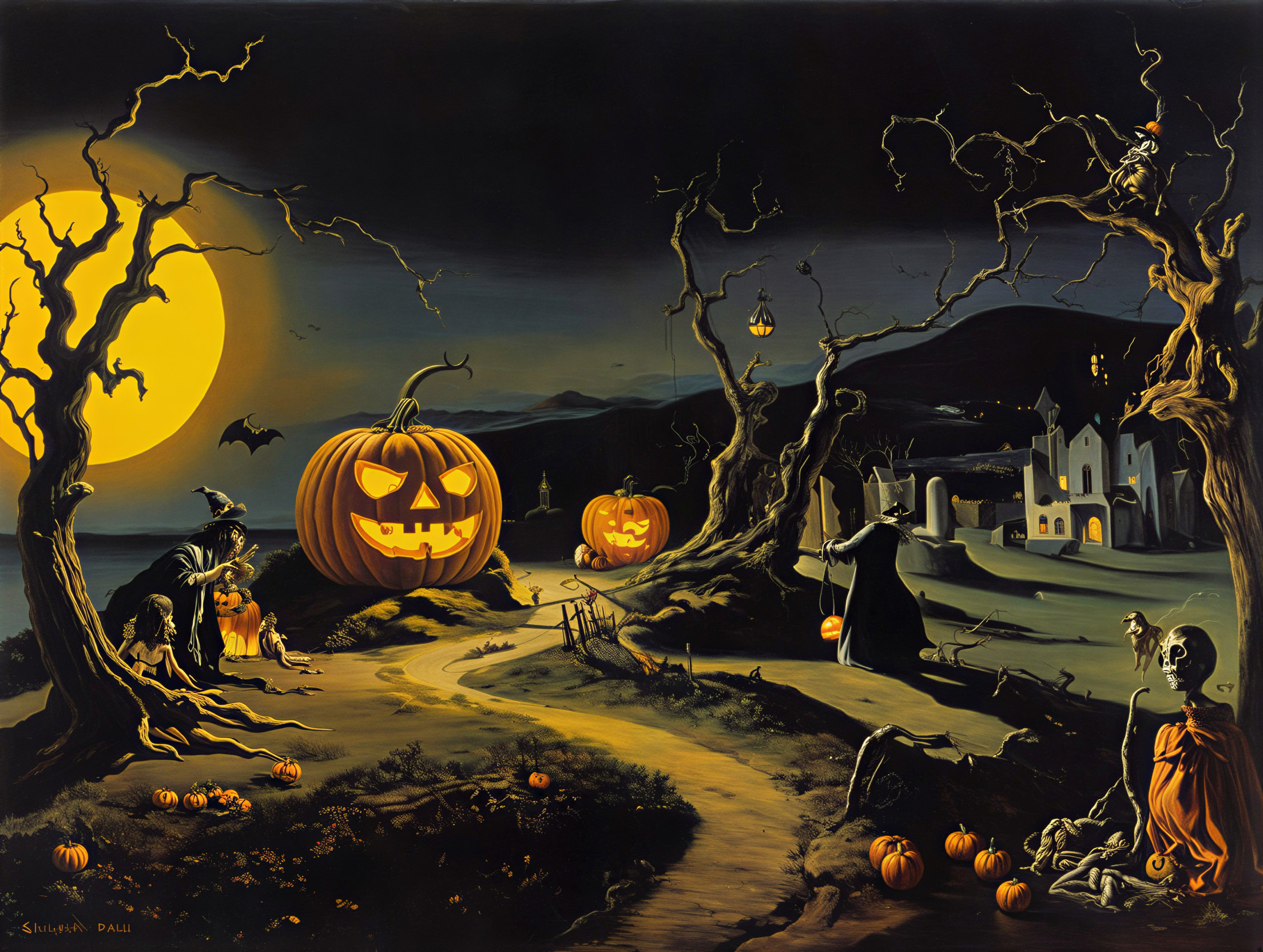 Spooky Halloween Night with Eerie Moon and Pumpkins