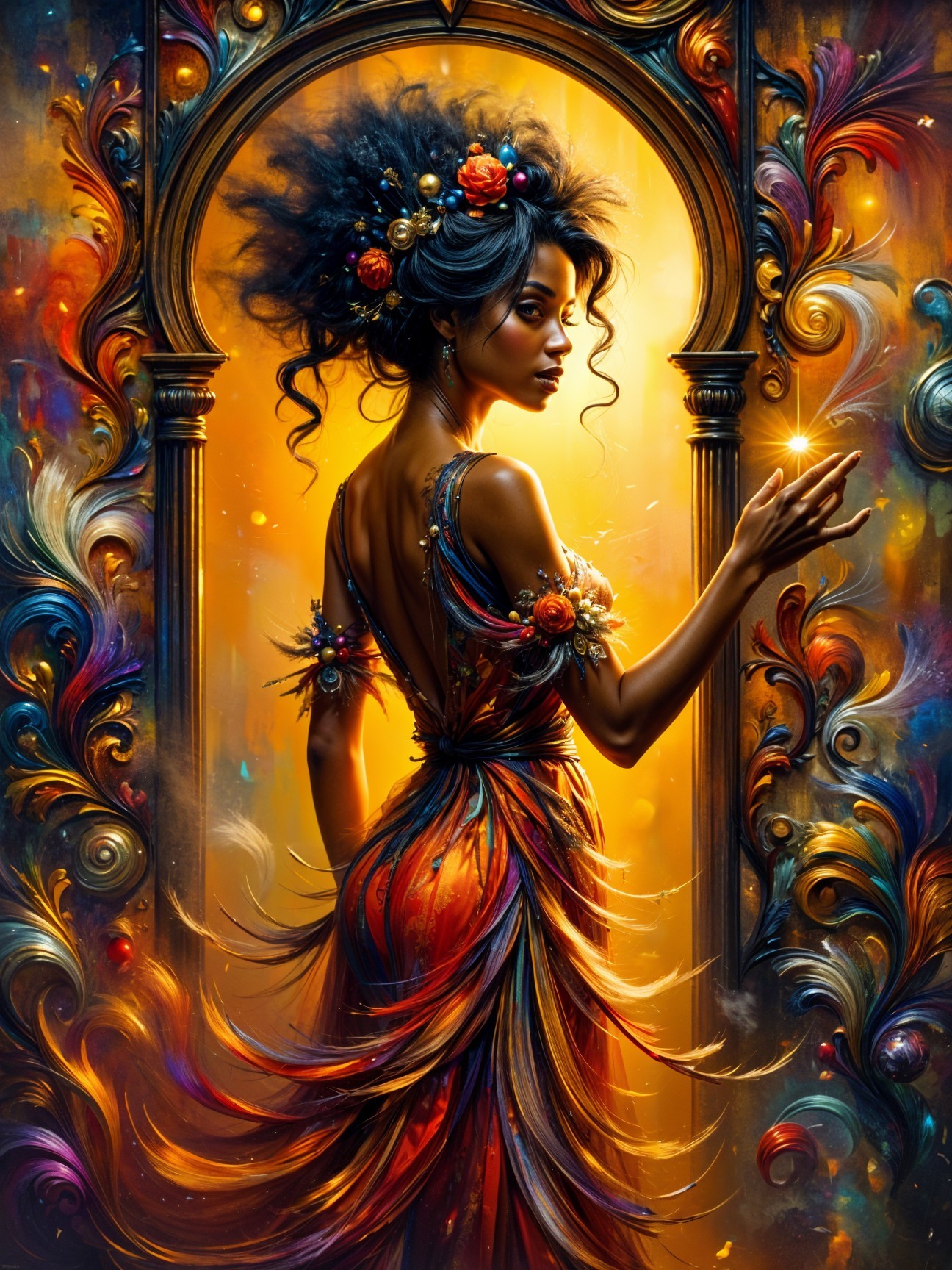 Vibrant Figure in Flowing Gown with Floral Crown
