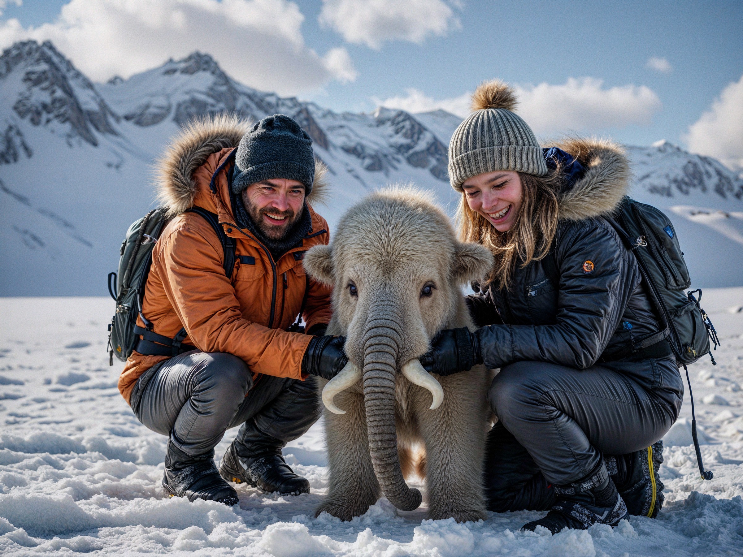 Couple and Elephant in Snowy Mountain Landscape