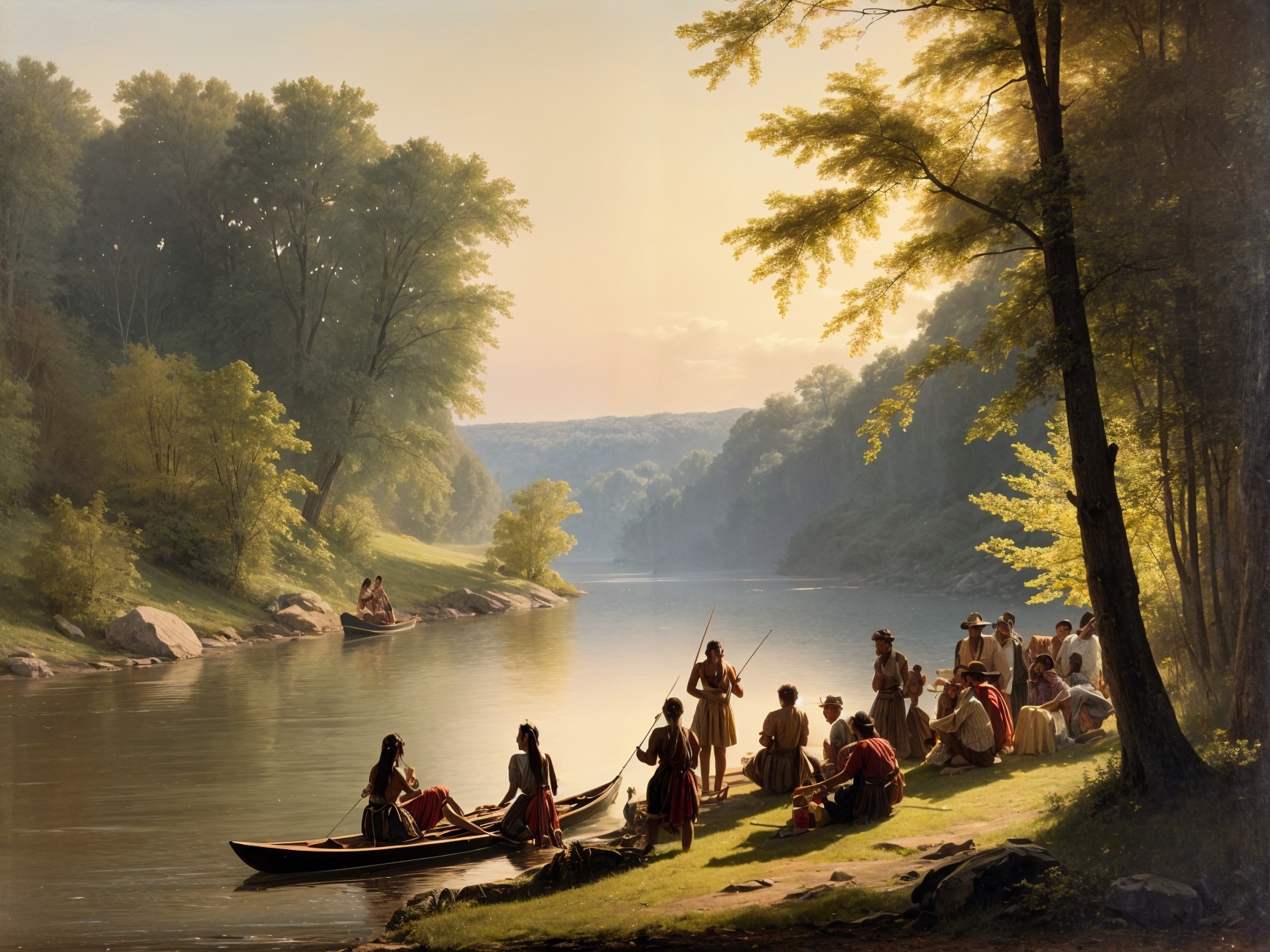 Tranquil Riverside Scene at Dusk with Gathered People