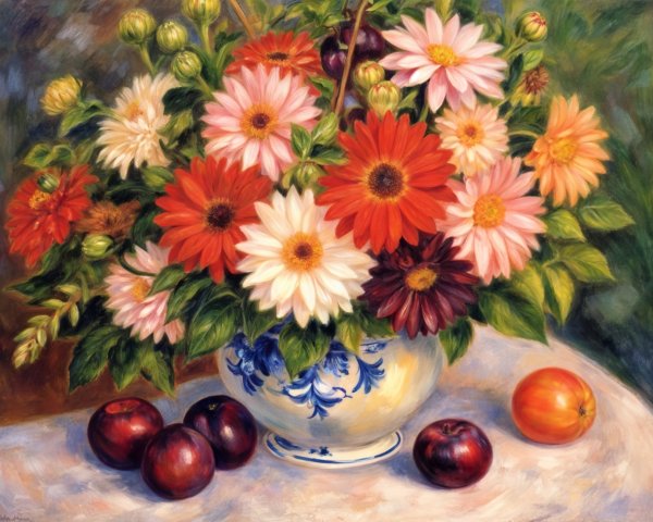 Vibrant Daisy Bouquet in Decorative Vase with Plums