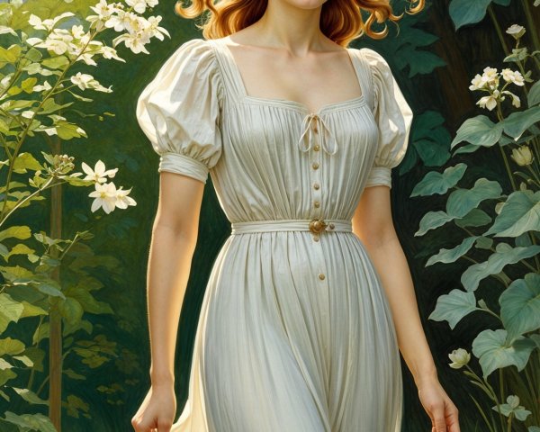 Young Woman in Elegant Dress Surrounded by Nature
