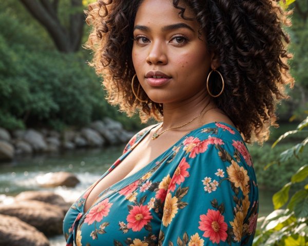 Young woman by serene stream in floral blouse