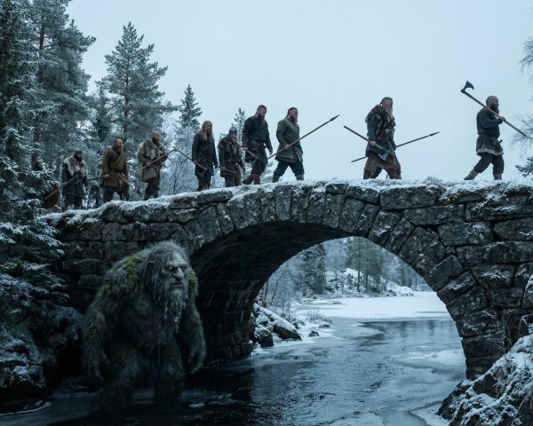 Vikings Crossing Snowy Bridge with Troll Beneath River
