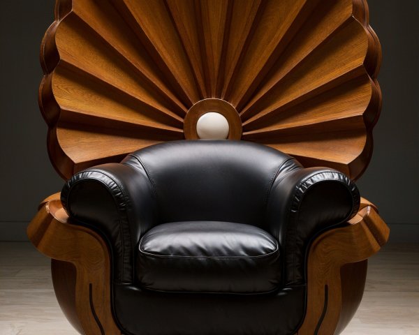 Shell-Shaped Wooden Chair with Black Leather Upholstery