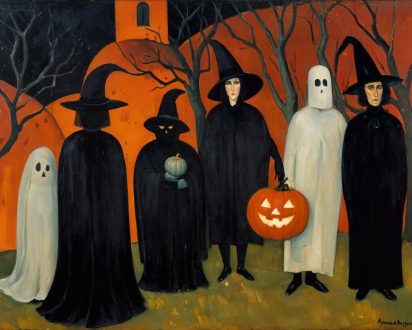 Halloween Costume Group with Pumpkins and Ghostly Figure
