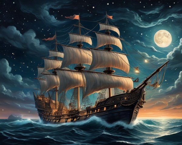 Majestic Sailing Ship on Moonlit Waters at Night