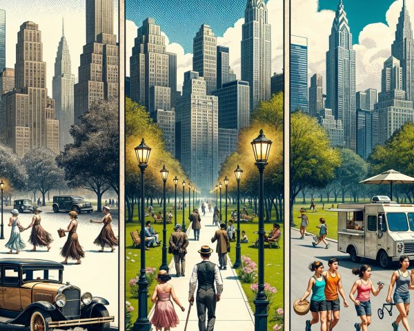 Triptych Illustration of City Park Evolution Over Time