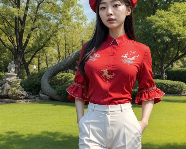 Young Woman in Red Blouse and White Trousers in Park