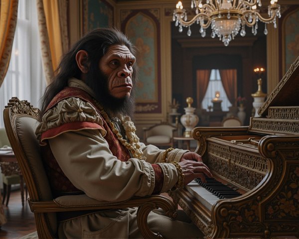 Sophisticated Ape Playing Piano in Opulent Room