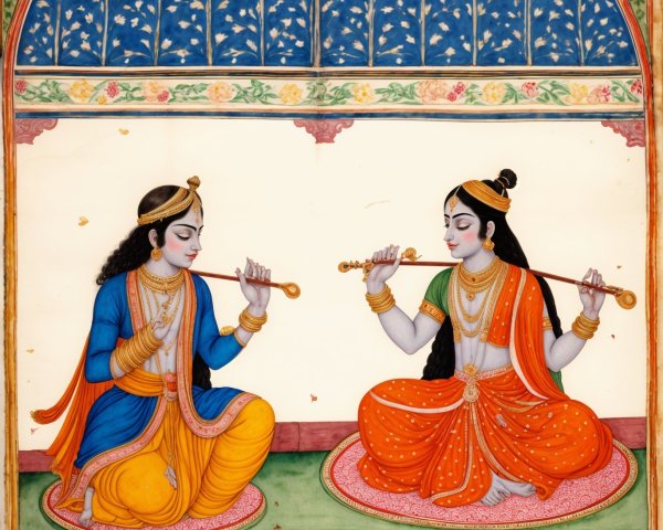 Divine Figures Playing Flutes in Serene Setting