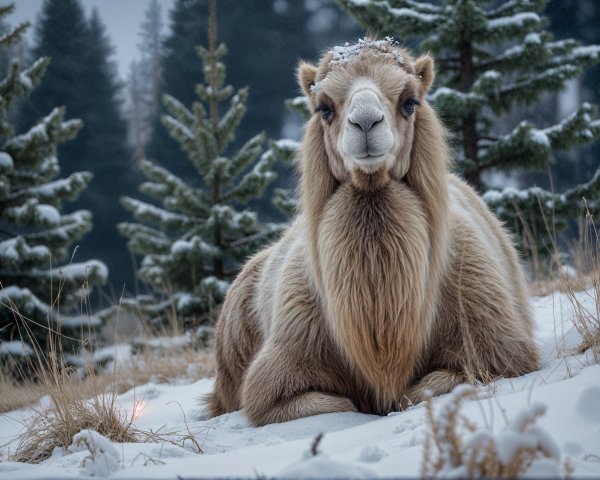Camel in Snowy Landscape with Evergreen Trees