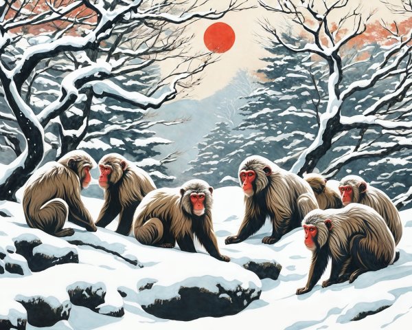 Macaques in a Serene Winter Landscape at Sunset