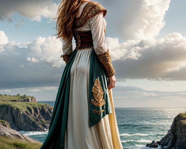 Regal Woman on Cliff Overlooking Shimmering Ocean