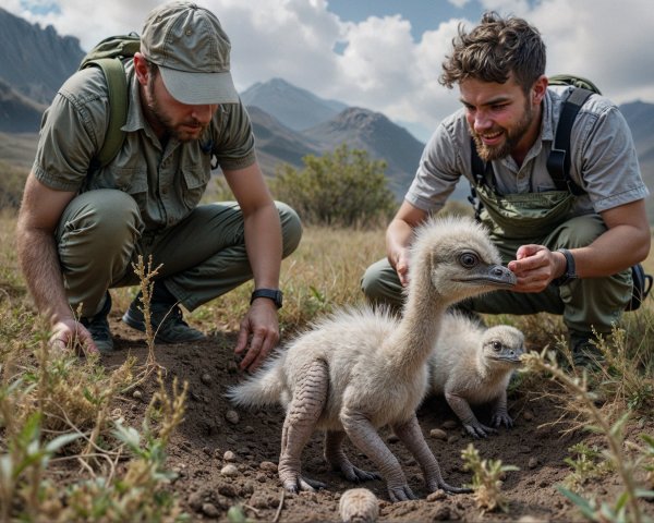 Explorers Interact with Hatching Dinosaur-like Creatures