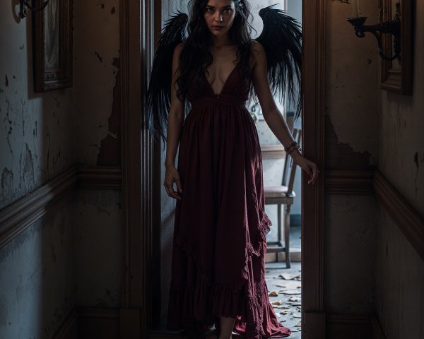 Eerie Figure in Tattered Dress with Horns and Wings