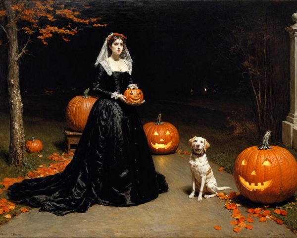 Vintage Black Gown with Pumpkin in Enchanting Halloween Scene