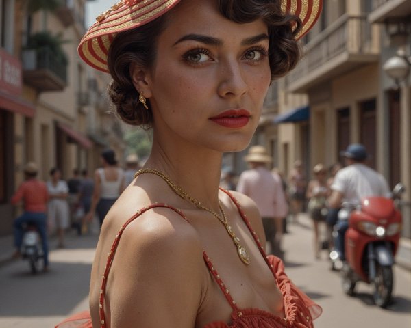 Stylish Woman in Ruffled Red Dress and Hat in Street Scene