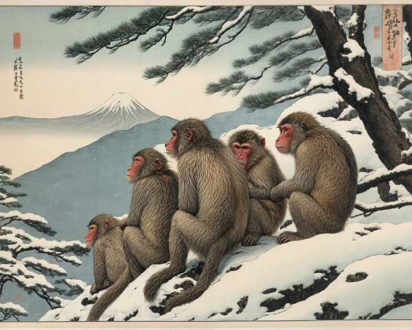 Macaques on Snowy Ledge with Mount Fuji Background