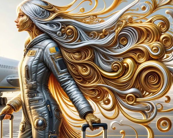 Futuristic astronaut in silver suit on airport tarmac