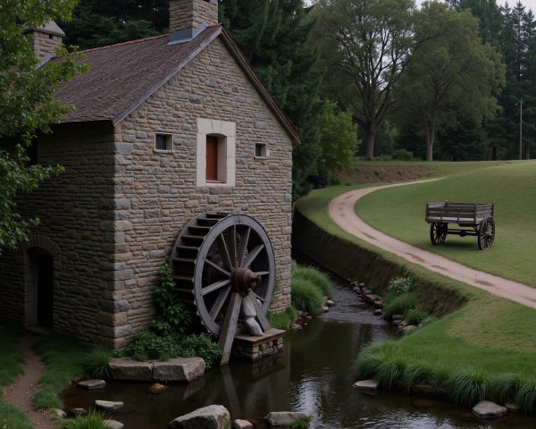 Rustic Stone Building with Waterwheel by Stream