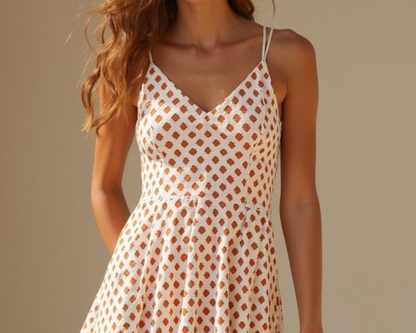 Young woman in playful geometric patterned dress