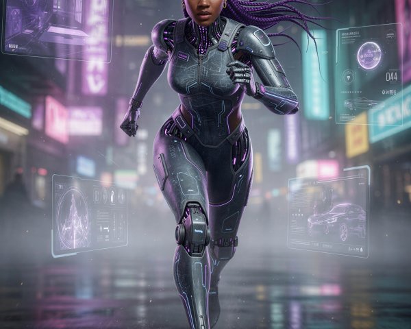 Cyborg Black Woman in Futuristic City at Night