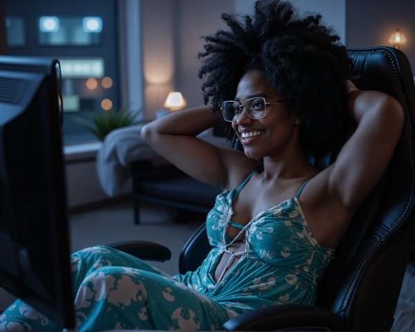 Young woman in cozy room with computer and chair