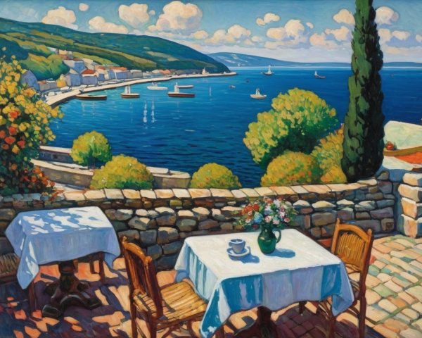 Vibrant Seascape with Tranquil Harbor and Boats