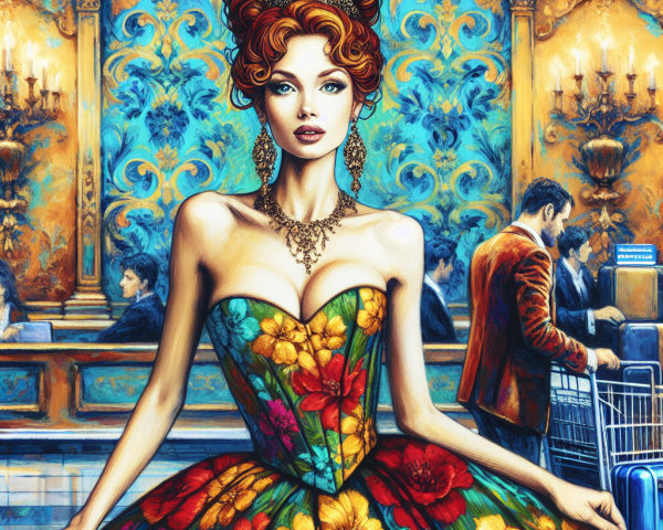 Elegant Woman in Floral Gown with Lavish Interior